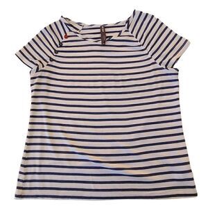 Lija Womens Top Stripes Short Sleeve Button Accent White Navy Large
